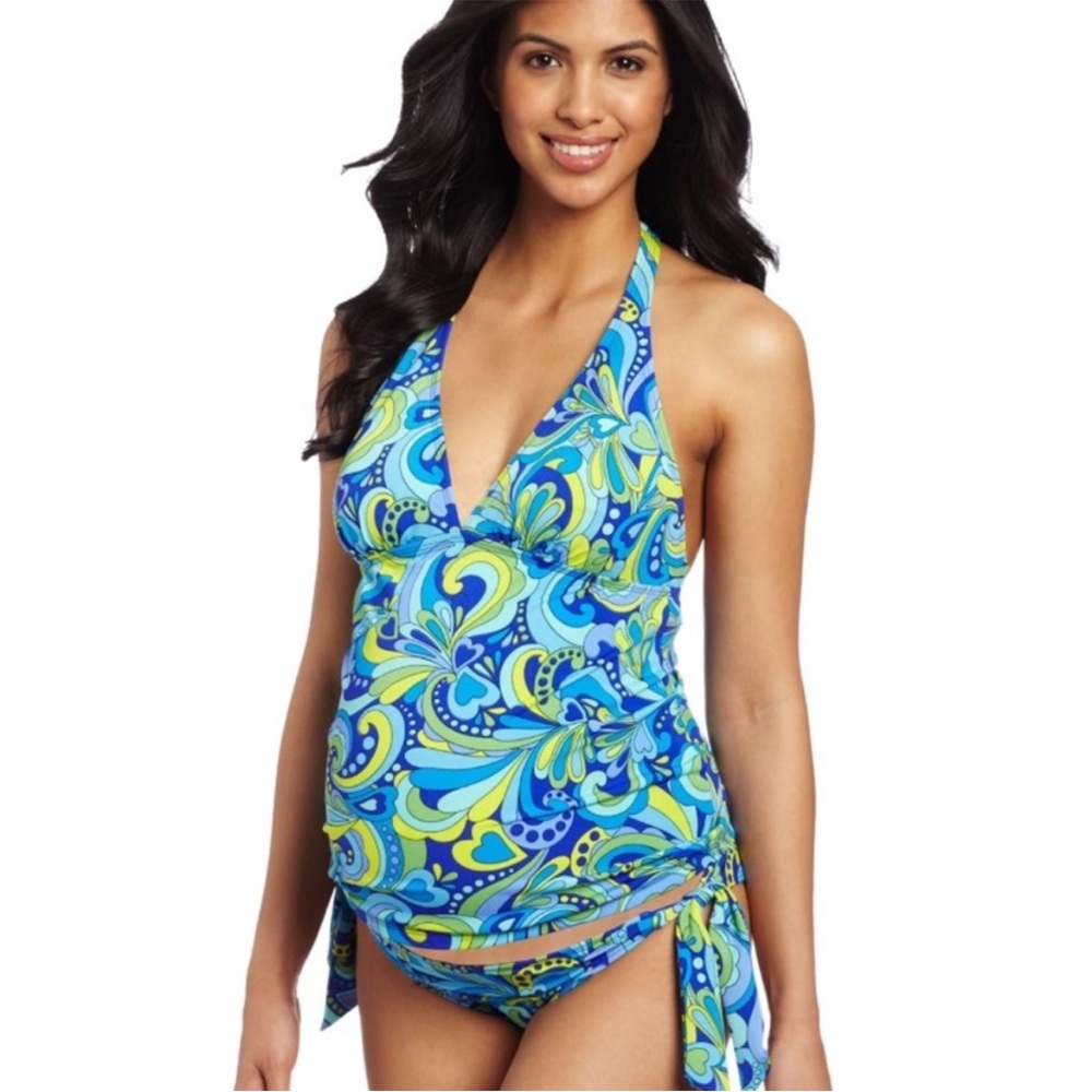 Maternal America Two Piece Maternity Tankini Swimsuit Blue Green Paisley XL NWT